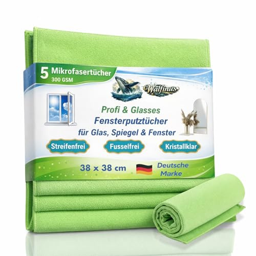 Fensterputztücher Mikrofaser 5er Set streifenfrei fusselfrei Glas Fenster | Saugstarkes Poliertuch für Glas, Spiegel und Autoscheiben 300 GSM, 38x38 cm, waschbar und fusselfrei.
