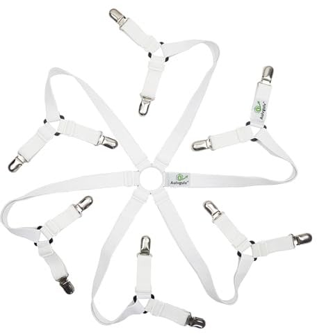 Auivguiv Toweter 6 Seiten Einstellbar Elastisch Bettlakenspanner mit Metallklammern, Criss Cross Bettwäsche Hosenträger, Passend für Alle Größen Runde und Quadratische Matratzen,3-Fach(Weiß)