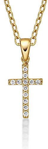 Diamond Treats 9 Karat Gold Kreuz Anhänger mit kubischen Zirkonia und Kette, klein 9K Gelbgold Kreuz-Anhänger Halskette für Damen und Mädchen, Kreuz Kette mit 50 cm Goldkette, 375 Echt Gold Kreuz