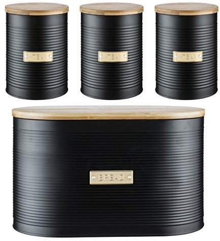 Typhoon Living Ebony Black Tea Coffee Sugar Bread Bin Storage Set with Select Homeware Jumbo Tea Towel