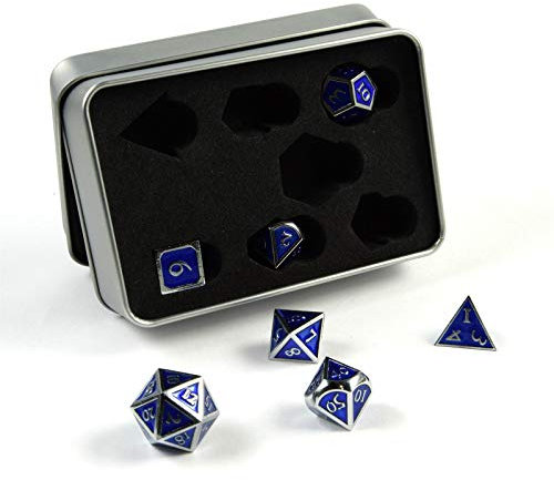 shibby 7 polyedrische Metall-Würfel für Rollen- und Tabletopspiele in Steampunk Silber/Blau-Optik inkl. Aufbewahrungsbox