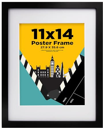 EGOFINE 14x11 Picture Frame,100% Solid Wood Frames with 10x8 Mat,14x11 Photo Frames with Plexiglass,35.6x27.9cm Poster Frame for Tabletop and Wall Mounting,Black