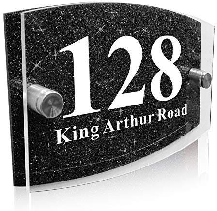 Modern House Sign Plaque Door Number Name Road Plaque Personalised Glass Effect Acrylic Glitter Sign (Black Glitter)