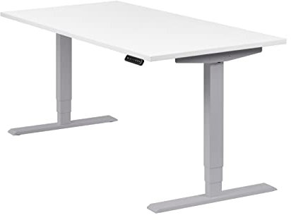 boho office® höhenverstellbarer Schreibtisch 160 x 80 cm - Elektrisch stufenlos, 2 Motoren, 3-Fach Teleskop, Memoryfunktion, inkl. Wireless Charger - Homedesk Silber inkl. Tischplatte in Weiß