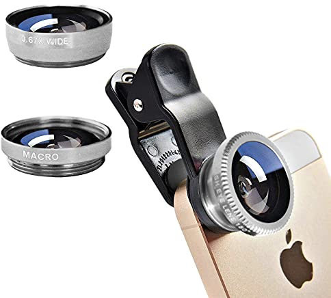Silver 3 in 1 Cell Phone Camera Lens Kit Wide Angle Macro Fisheye Lens Universal for Smart Phones iPhone Samsung Android(Silver)