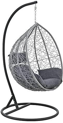 [en.casa] Hängesessel Capileira 1-Sitzer Outdoor Hängestuhl mit Gestell und Kissen Hängekorb bis 150 kg Hellgrau/Dunkelgrau