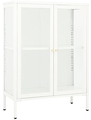 vidaXL Sideboard Kommode Anrichte Schrank Beistellschrank Mehrzweckschrank Standschrank Bücherschrank Lagerschrank Weiß 75x35x105cm Stahl Glas