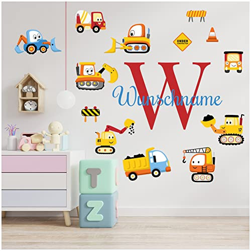 Wandsticker personalisiert Sticker Aquarell Tiere mit Name Wandtattoo für Kinderzimmer Babyzimmer Spielzimmer Mädchen Junge Y037 (Nr. 30 Bagger, Mit Wunschname)