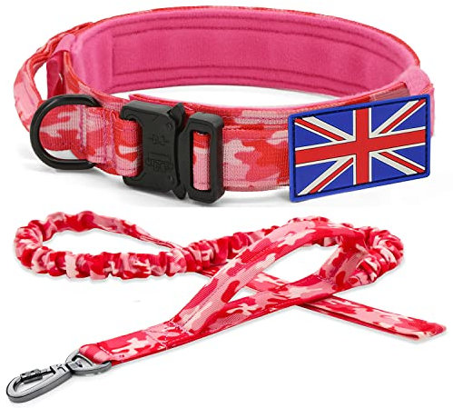 YoothBro K9 Military Dog Collar and Lead Set - Adjustable Nylon Collar with Heavy Duty Metal Buckle for Medium Large Dogs - Pink, UK Flag