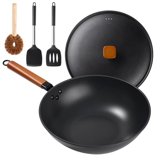 Wok Pan with Lid - 13 Nonstick Wok, Carbon Steel Woks & Stir-Fry Pans Set with 6 Cookwares, No Chemical Coated Flat Bottom Chinese wok, for Electric, Induction and Gas Stoves