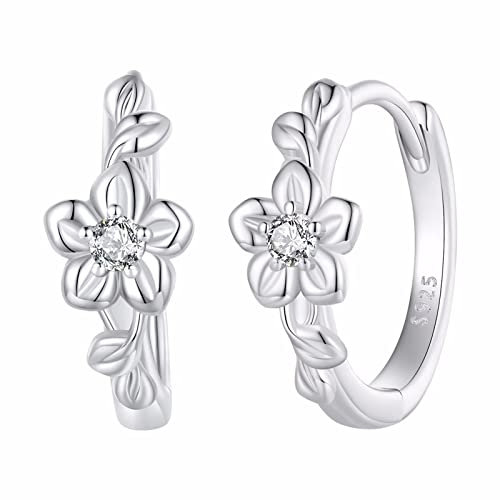 Qings Blumen Creolen Ohrringe für Damen Mädchen 925 Sterling Silber Kleine Creolen Blumen Knorpel Ohrringe Huggie Ohrringe für Geburtstags Geschenk