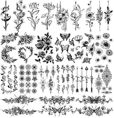Leesgel Temporäre Tattoos für Frauen - 40 Blätter Fake Klebetattoos für Erwachsene, Damen - Blumen, Schmetterling Designs - Schwarze Tattoos zum Aufkleben auf Die Haut, Hand, Hals