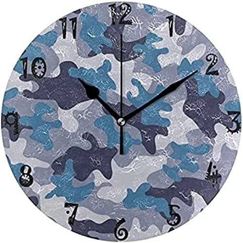 Horloge Murale Art Bleu Militaire Motif Circulaire Horloge Murale Assiette Ronde Silencieux Non Ticking Horloge pour Cuisine Chambre à Domicile Bureau École Enfant Garçons Filles Décor