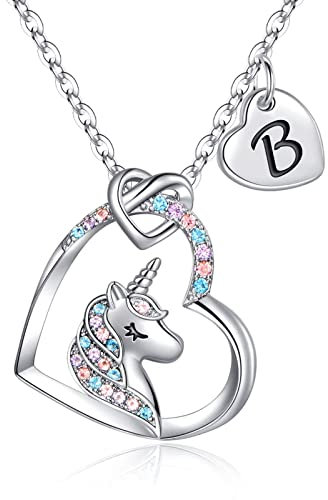 TINGN Einhorn Kette für Mädchen - 14K Weißgold Vergoldet CZ Herz Anhänger, Prinzessin Geschenk zur Einschulung 5-12 Jahre