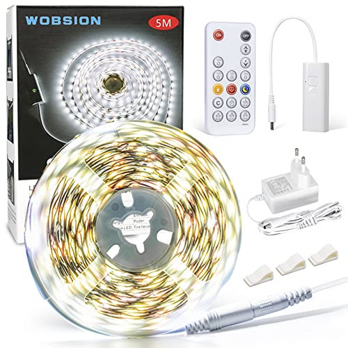 wobsion Led Strip 5M Selbstklebend Weiß,Led Streifen 5M Dimmbar mit RF Fernbedienung,6000K,Spiegellicht,300 Leds,LED Streifen Weiß für Schrank,Küche,Wohnzimmer,Arbeitszimmer,Spiegel Beleuchtung