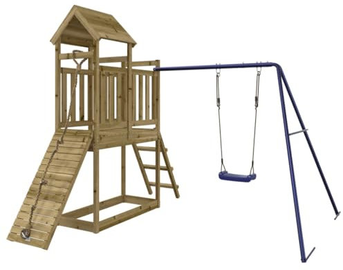 vidaXL Spielturm, Klettergerüst mit Schaukel Kletterwand, Kinder Kletterturm mit Holzdach, Spiel-Zubehör für Garten, Holz Spielplatz, Imprägniertes Kieferholz