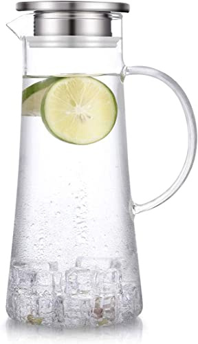 HwaGui Karaffe Borosilikatglas Glaskaraffe mit Edelstahl Deckel für Heißes/Kaltes Wasser und Saftgetränk, 1500ml