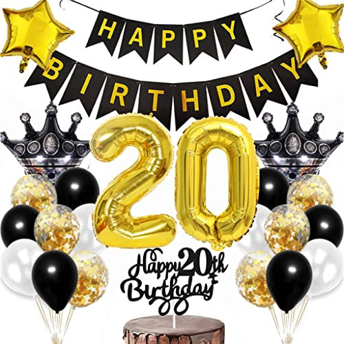 Dalettu 20. Geburtstag Dekoration, Luftballon 20. Geburtstag Männer Deko, Kuchendeko Geburtstag 20 Jahre Frauen, Happy Birthday Deko 20 Geburtstag Mann, Gold Geburtstagsdeko 20 Jahre Mann Frau