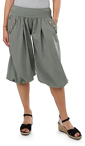 Malito - Damen Caprihose - Kurze OneSize Pumphose für Strand & Alltag - leichte Sommerhose für Frauen mit elastischem Bund - Low Waist Aladinhose 23286H (Größe: 34-40 Oliv)
