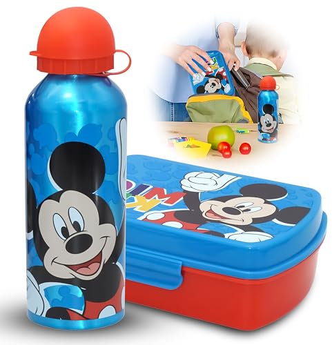 Lot de 2 gourdes d'été Mickey Mouse Disney avec boîte à sandwich | Convient pour les boissons gazeuses – Anti-fuite – Passe au lave-vaisselle – Sans BPA – Ensemble de nourriture pour enfants de 3 ans