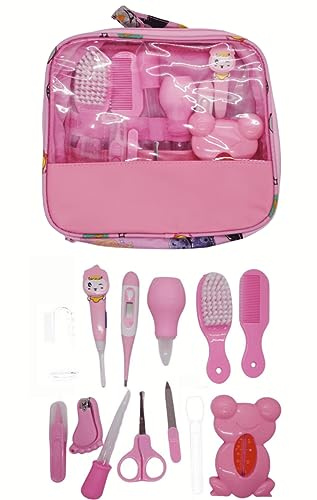 Babypflegeset 13 Teiliges Pflegeset,Babypflege Set Alltag Pflege Neugeborenen-Babypflegezubehör,Mit Thermometer, Schere,Nasensauger, Kamm, Nagelschere, Ohrlöffel Etc,Neugeborene Geschenk (Rosa-13pcs)