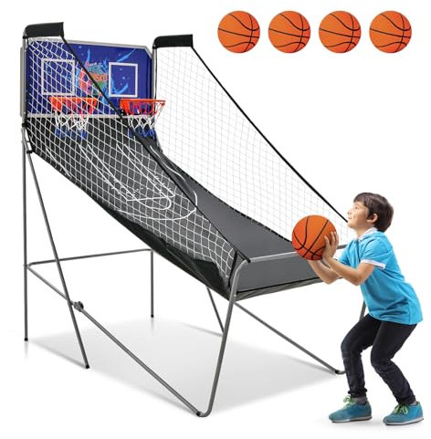 GOPLUS Jeu de Basketball Arcade Pliable Panier Basket Intérieur Extérieur 2 Paniers et 4 Ballons, 8 Modes de Jeux, Capteur Électrique, LED Score, 4 Boutons de Fonctionnement, 202x107x205CM