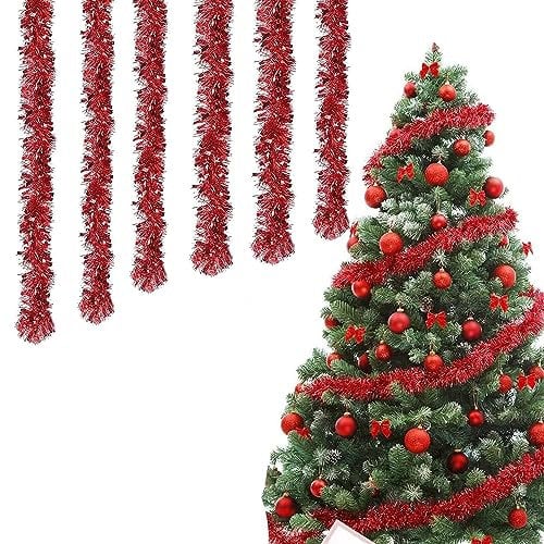 12M Weihnachten Lametta Girlande, Metallische Lametta Girlanden, Weihnachtsschmuck, Weihnachtsbaum Hängende Dekorationen Für Weihnachten, für Weihnachten Party Indoor und Outdoor Dekoration(Rot)