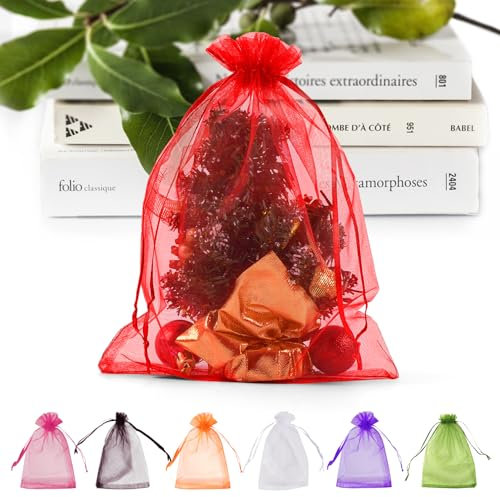ANZNKU Rote Organza-Beutel, 15,2 x 22,9 cm, Netzbeutel, Kordelzug, durchsichtige Netzbeutel, Kordelzug, Geschenkbeutel für Party, Weihnachten, Hochzeit, Festival, Make-up, Geschenkbeutel, 50 Stück