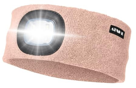 ATNKE LED Beleuchtetes Stirnband, Wiederaufladbare USB Lauf Stirnbänder mit Licht Extrem Heller 4 LED Lampe Winter Warme Stirnlampe für Herren und Damen Geschenke/Skin Pink