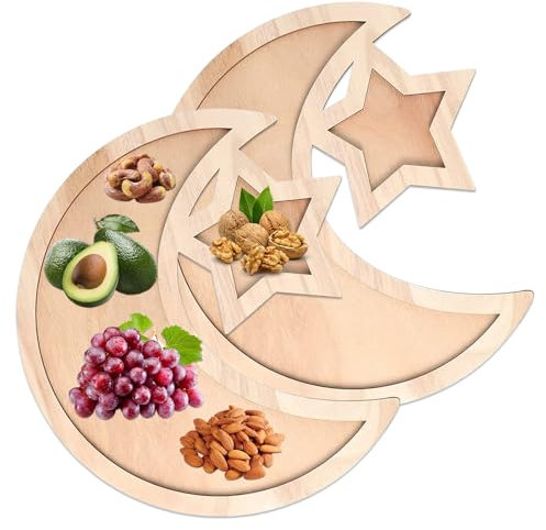 TECHEEL Ramadan Holz Tablett, 2 Stück Dessert Tablett Mond Holz Stern Geschirr Eid Mubarak Teller Holz Tablett,Eid Mubarak Dekoration für Geschirr, Frühstück, Abendessen, Gebäck, Ausstellungsständer