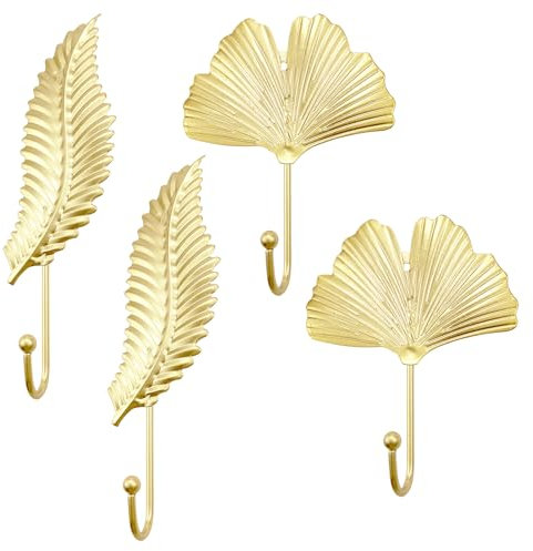 Auswalar 4 PCS Decorative Leaves Iron Hooks,Wall Mounted Metal Coat Hooks,Gold Leaves Decorative Hanging Wall Hooks Key Holder Coat Hanger for Entryway Bathroom Bedroom Farmhouse Decoration
