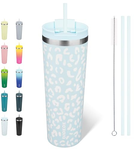 BJPKPK 900 ml Isolierter Edelstahl-Becher mit Deckel und Strohhalm | Hellblauer Leopard, Doppelwandig Vakuumisolierter Thermobecher, Auslaufsicher, BPA-frei, Spülmaschinenfest, Ideal für Reisen