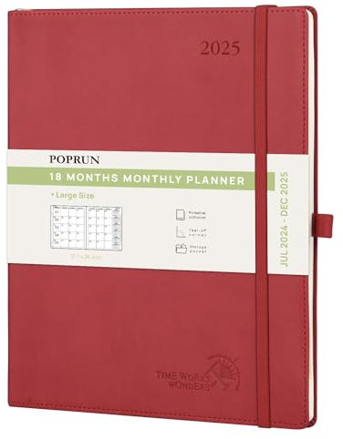 POPRUN Kalender 2025 Monatsplaner A4 (Jul.2024 - Dez.2025) - 18 Monate Monatskalender Softcover 26,5 x 21,5 cm - 1 Monat 4 Seiten, mit PU-Leder, 100 GSM Papier - Burgunderrot