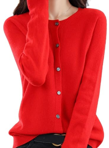 DJFOG Kashmircardigan, tröja för kvinnor, kashmir, knappar fram, långärmad cardigan, mjuka, varma, stickade, elastiska tröjor, Röd, XL