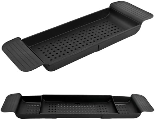 Badewannen Caddy Tablett Badewannenablage mit Ablaufdesign, Erweiterbares Kunststoff Baderegal Badewannentablett für Weingläser, Tablet-Telefone, Aromatherapie, Kämme, Kerze, Badeprodukte (Schwarz)