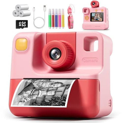 Instant Print Camera for Kids,1080P Kids Instant Cameras,HD Digital Video Cameras Toddler with No Ink Print Paper & 32G SD Card,Christams Birthday Gifts for Girls Boys Age 3-12