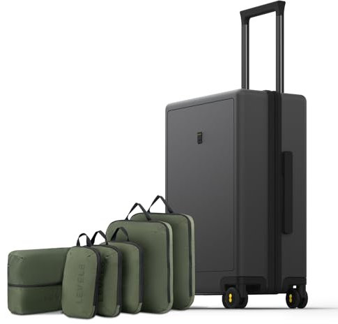 LEVEL8 Carry on Suitcases with 6 Set Packing Cubes, 100% PC Trolley Case Micro-Diamond Textured Design 8 Spinner Wheels Hard Shell, TSA Approved Cabin Luggage (50cm, 40L,Dark Grey)