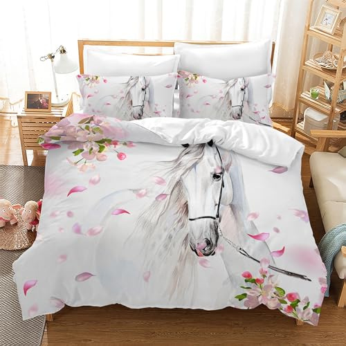 Leleyouzer Horse Bed Linen Set, Horse Pattern Duvet Cover for Children Teenagers, 1 Microfibre Children's Duvet Cover with Zip and 2 Pillowcases 50 x 70 cm (Hourse 1, 200 x 200 cm)