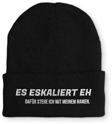 tshirtladen Es eskaliert eh Spruchmütze Strickmütze Wintermütze lustige Beanie mit Stick OneSize Mütze, Farbe: Black