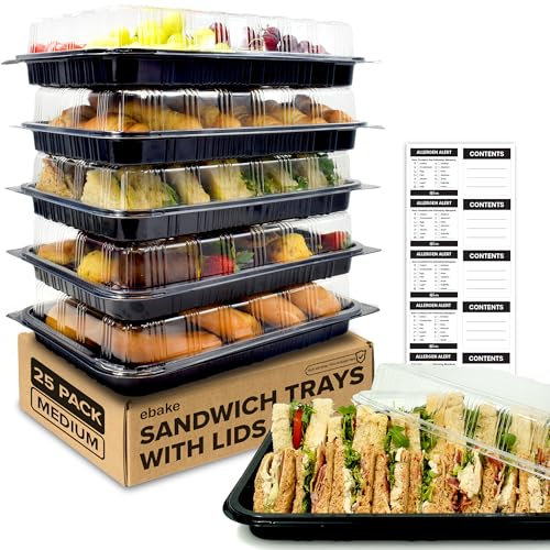 Paquete de 25 Bandejas para Sándwiches con Tapas - Bandejas de Buffet de Plástico Reutilizables para Catering, Bandejas para Sándwiches y Preparación de Comidas - 39 x 29 x 7,5 cm