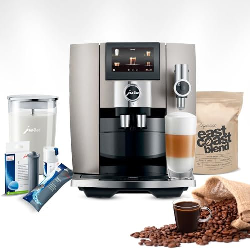 Jura J8 (Midnight Silver) Bundle with Filter Cartridge Water Stabilizer, Milk System Cleaner Mini-Tabs, Cleaning Tablets, Milk Containers, and Capresso Coffee Bean (6 Items)