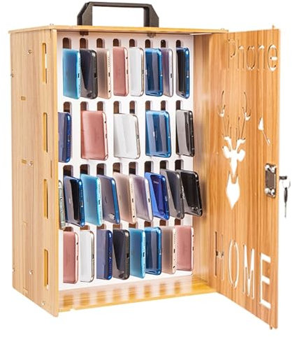 Handy-Schrank, hölzerner abschließbarer Handy-Safe-Organisator, 12/36 Positionen tragbarer Safe mit Tragegriff, für Schule, Firma, Unternehmen(36 Slots)