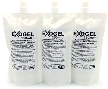 Exogel Camping Stove Gel Fuel. Versatile, odourless fuel with high energy density. Non-hazmat and air-transportable, ideal for hiking, travel and home emergencies. UK-Made. (3x 250ml)