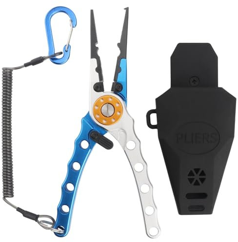 Miruchertter Pinze da pesca resistenti all'acqua salata Attrezzatura da pesca in alluminio Pinze da pesca per linea Cutter Hook Remover Pinze ad anello diviso da pesca con cordino a spirale e guaina