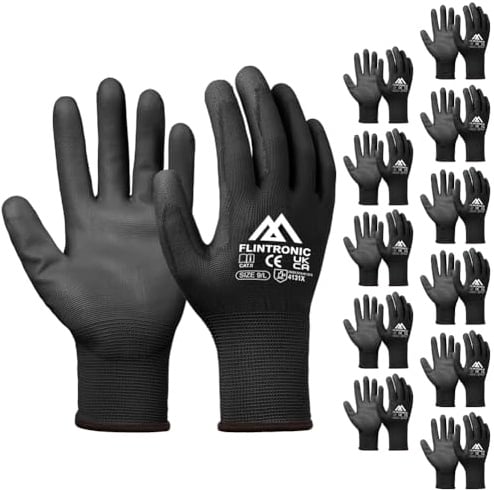 flintronic 12 par arbetshandskar i nylon för män och kvinnor, belagda trädgårdshandskar med PU-beläggning och halkfria handskar för byggnadsarbetare, mekaniker, svart, 9/L