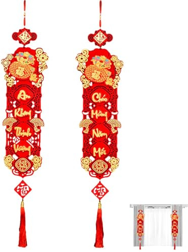 Wandbehänge in Rot – Silvester-Paar, vietnamesische Neujahrsdekorationen | Vietnamesische Mondneujahrs-Dekoration, Paare, rote Wandbehänge für das Jahr in Pampi