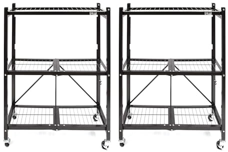 Origami 2-Pack General Purpose Foldable 3-Tier Shelf Storage Rack & Wheels, R3, Black