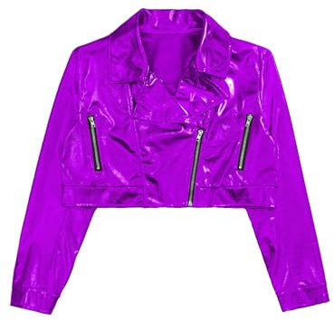 Miaeowve Giacca metallica per bambini, a maniche lunghe, con colletto a risvolto, con chiusura lampo, per il tempo libero, per feste, viola., 146-152