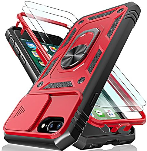 for iphone 7 Plus / 8 Plus Case with Camera Cover Slider, 2*Screen Protectors,Build in 360°Rotating Ring Kickstand, Military Grade Protective Case for iphone 6 Plus-Black/Red
