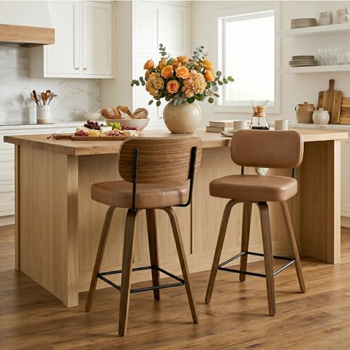 Bekrvio Swivel Counter Height Bar Stools Set of 2, 65CM Upholstered Faux Leather Barstools with Back and Bent Wood Legs, Mid Century Modern Bar Chair Island Stool for Kitchen Counter, Brown